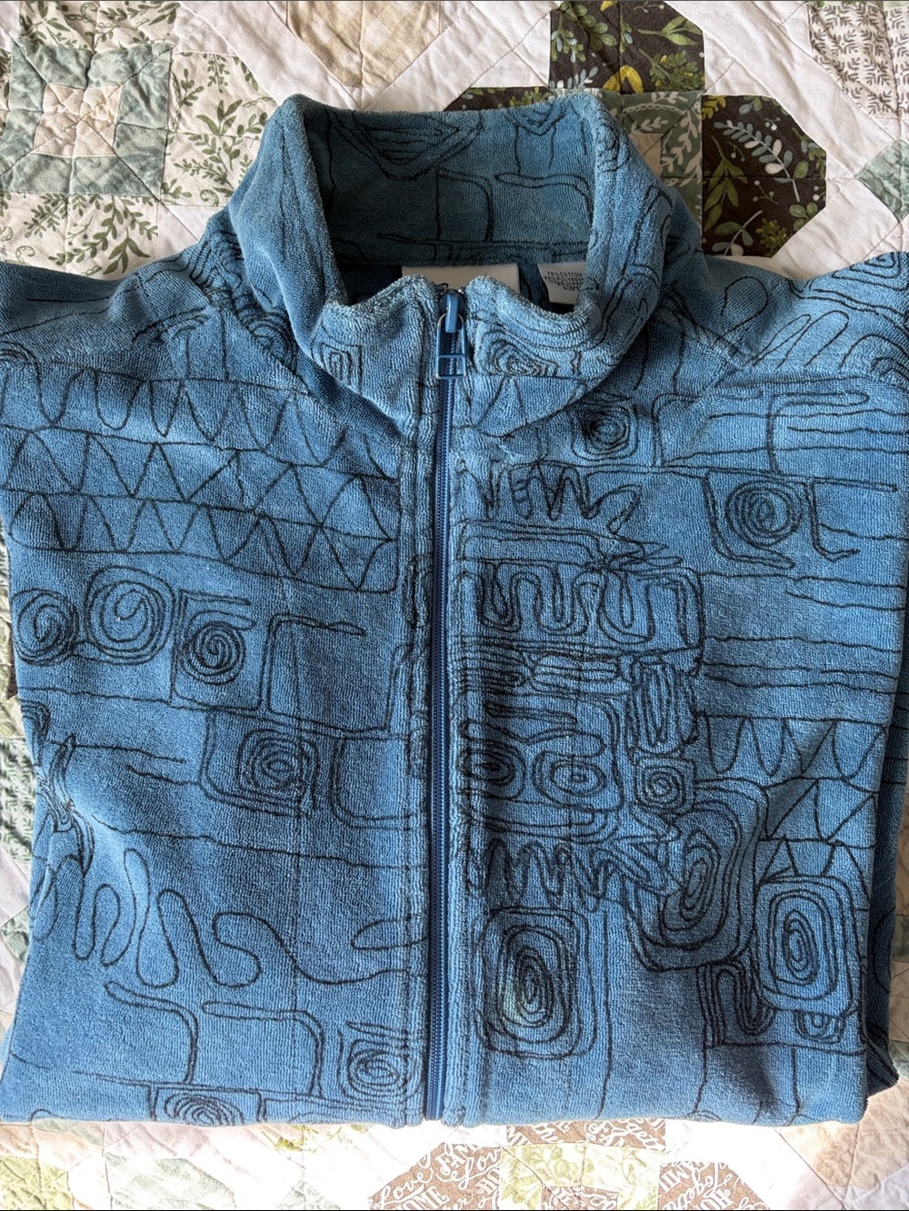 Chico's 🛍️ Blue Zip-Front French Terry zip up Jacket w/ Abstract Line Pattern